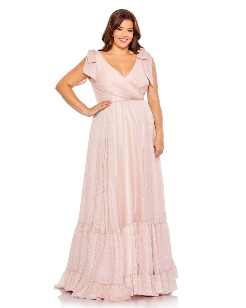 Front of a model wearing a size 14W Iridescent Polka Dot Soft Tie Sleeveless Gown in Blush by Mac Duggal. | dia_product_style_image_id:290063